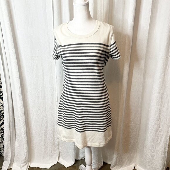 BCBG Maxazria Striped Low Back Dress Size XS Short Sleeve Mini Cream Black - Picture 3 of 11